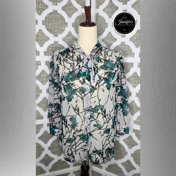 3/$30 LOFT Gray Semi-Sheer Abstract Floral Watercolor Tie Neck Blouse Size M - Picture 1 of 14
